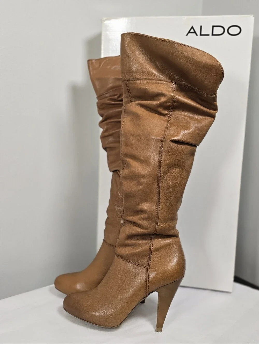 ALDO Women's Tan Leather Over-the-Knee Heeled Boots